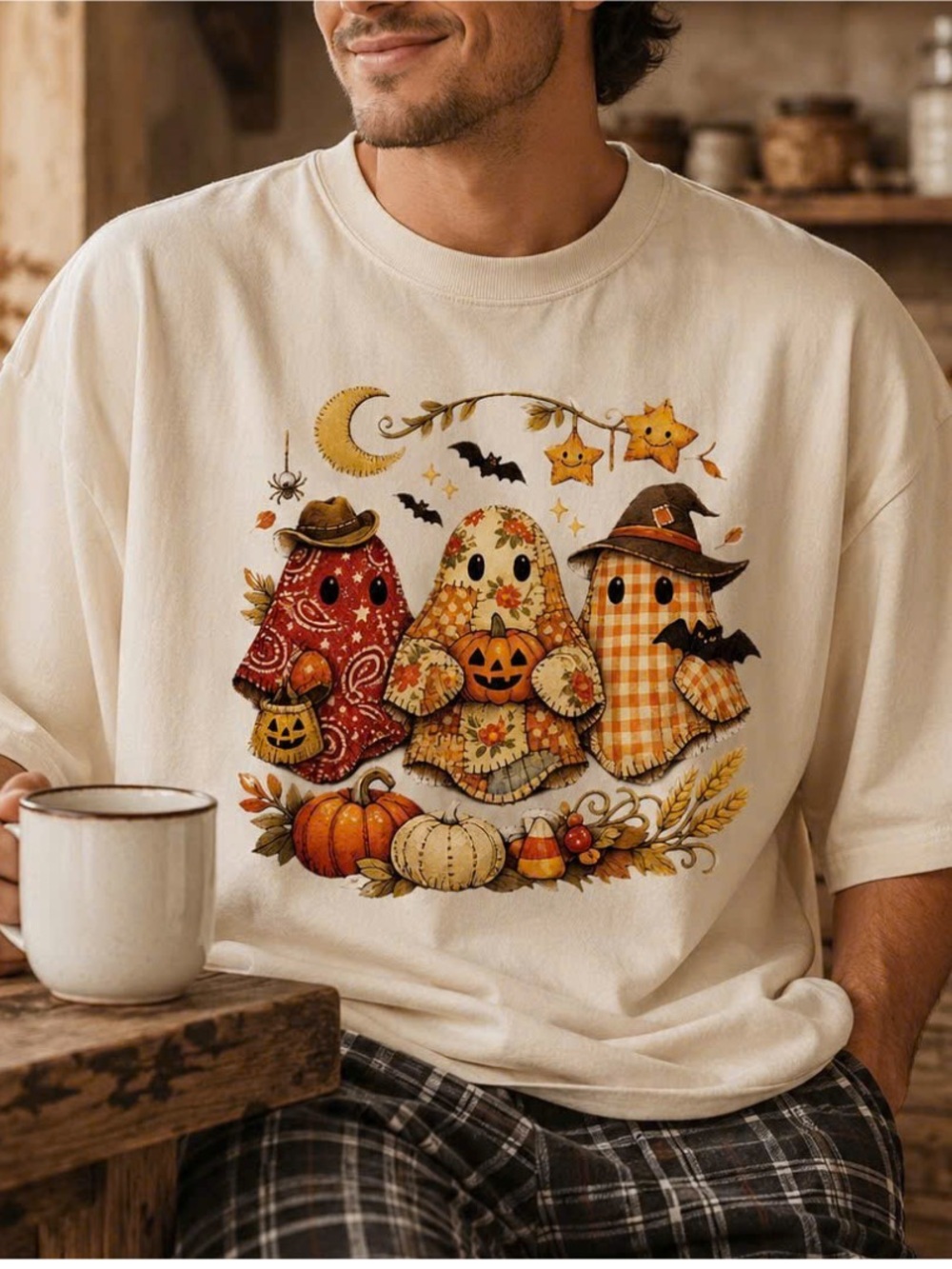 Gildan Off White Autumn Ghost Trio Graphic Tee, Vintage Halloween Pumpkins Shirt